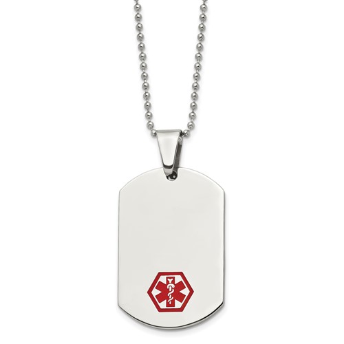 Chisel Stainless Steel Polished Necklace with Red Enamel Medical ID Dog Tag on a Ball Chain, 24"