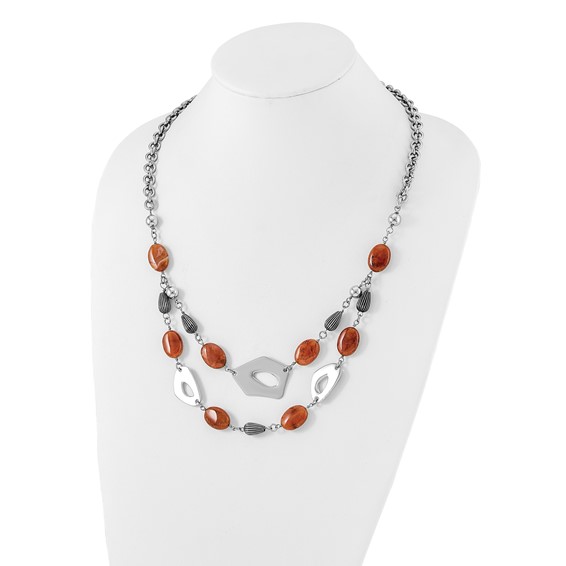Stainless Steel Polished & Antiqued Red & Orange Agate w/ 2in ext. Necklace