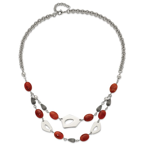 Stainless Steel Polished & Antiqued Red & Orange Agate w/ 2in ext. Necklace