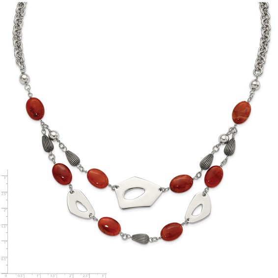Stainless Steel Polished & Antiqued Red & Orange Agate w/ 2in ext. Necklace