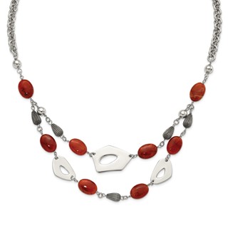 Stainless Steel Polished & Antiqued Red & Orange Agate w/ 2in ext. Necklace