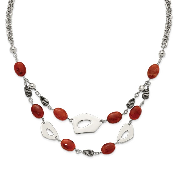 Stainless Steel Polished & Antiqued Red & Orange Agate w/ 2in ext. Necklace