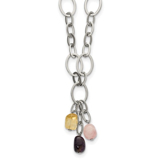 Stainless Steel Citrine Amethyst & Rose Quartz w/ 2 in ext Link Necklace