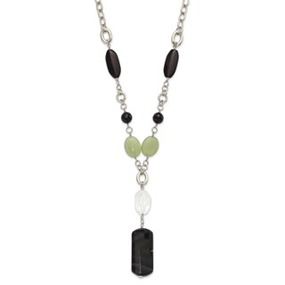 Stainless Steel Prehnite, Crystal & Black Agate w/1.5in ext Drop Necklace