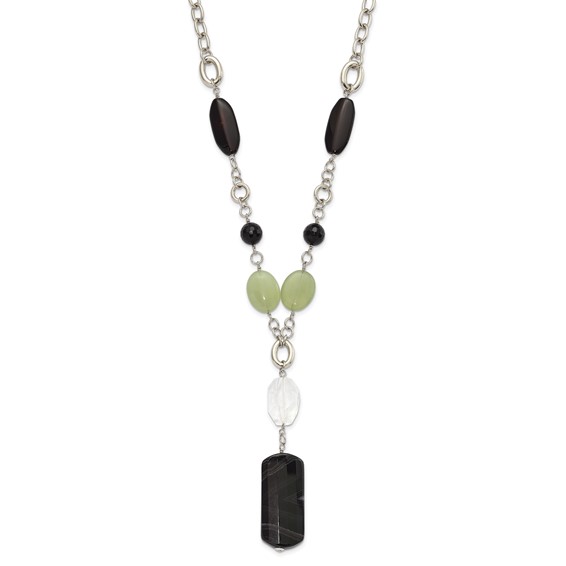 Stainless Steel Prehnite, Crystal & Black Agate w/1.5in ext Drop Necklace