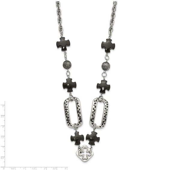 Stainless Steel Polished/Antiqued Black Agate & Resin w/ 2in ext. Necklace