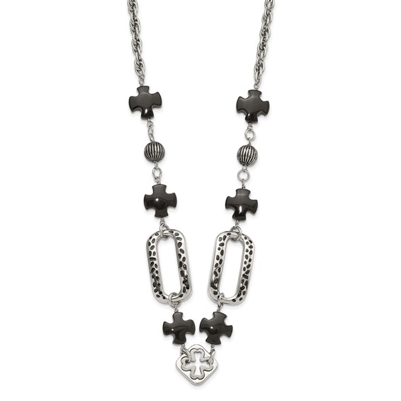 Stainless Steel Polished/Antiqued Black Agate & Resin w/ 2in ext. Necklace