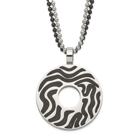 Stainless Steel Black IP-plated & Black Rubber Swirl Circle Necklace