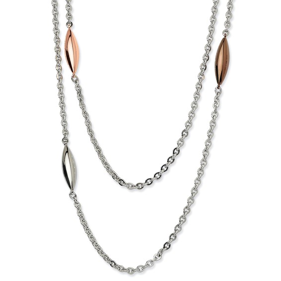 Stainless Steel Rose, Brown IP plated & Steel Ovals 28in Necklace