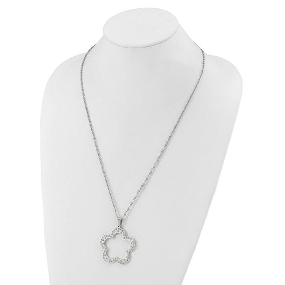 Stainless Steel Polished Flower with CZs Pendant 24in Necklace