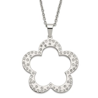 Stainless Steel Polished Flower with CZs Pendant 24in Necklace