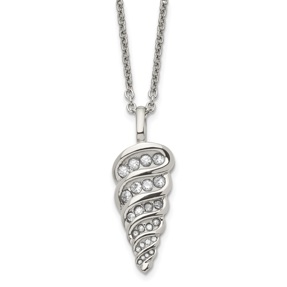 Stainless Steel Polished Necklace with CZ Fancy Shell, 22"