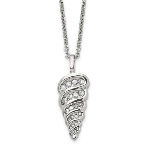 Stainless Steel Polished Necklace with CZ Fancy Shell, 22"