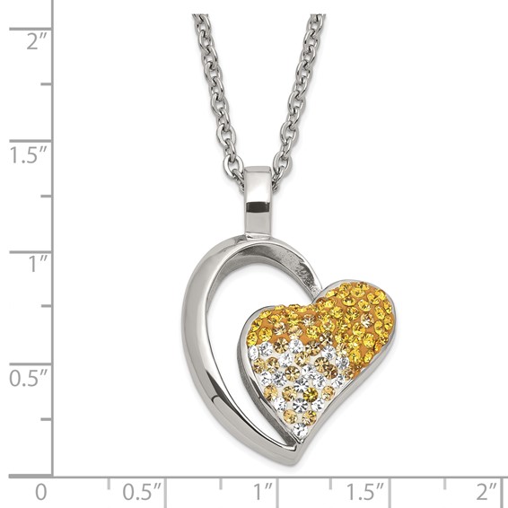 Stainless Steel Polished Yellow & White Crystal Heart Necklace