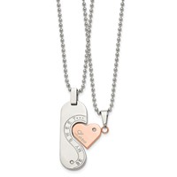 Chisel Stainless Steel Polished Rose IP-plated with CZ Heart Pendants on Ball Chain Necklace Set, 22" view 3