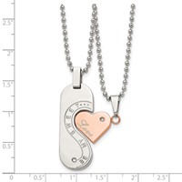 Chisel Stainless Steel Polished Rose IP-plated with CZ Heart Pendants on Ball Chain Necklace Set, 22" view 5
