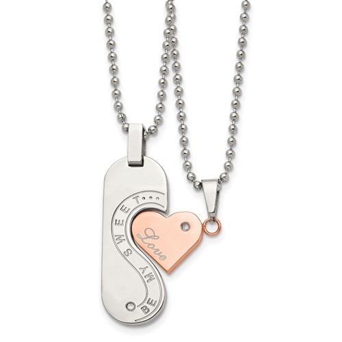 Chisel Stainless Steel Polished Rose IP-plated with CZ Heart Pendants on 22 Inch Ball Chain Necklace Set