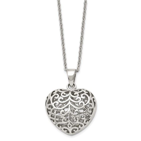 Chisel Stainless Steel Polished Filigree Puffed Heart Pendant on a 22 inch Cable Chain Necklace