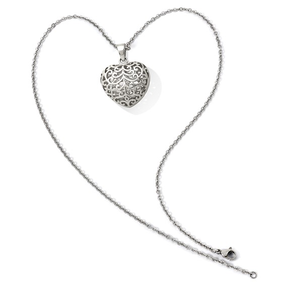 Chisel Stainless Steel Polished Filigree Puffed Heart Pendant on a 22 inch Cable Chain Necklace
