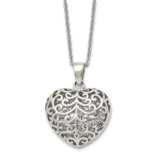 Chisel Stainless Steel Polished Filigree Puffed Heart Pendant on a 22 inch Cable Chain Necklace
