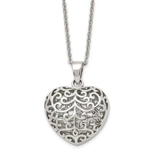 Chisel Stainless Steel Polished Filigree Puffed Heart Pendant on a Cable Chain Necklace, 22"