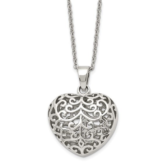 Chisel Stainless Steel Polished Filigree Puffed Heart Pendant on a 22 inch Cable Chain Necklace