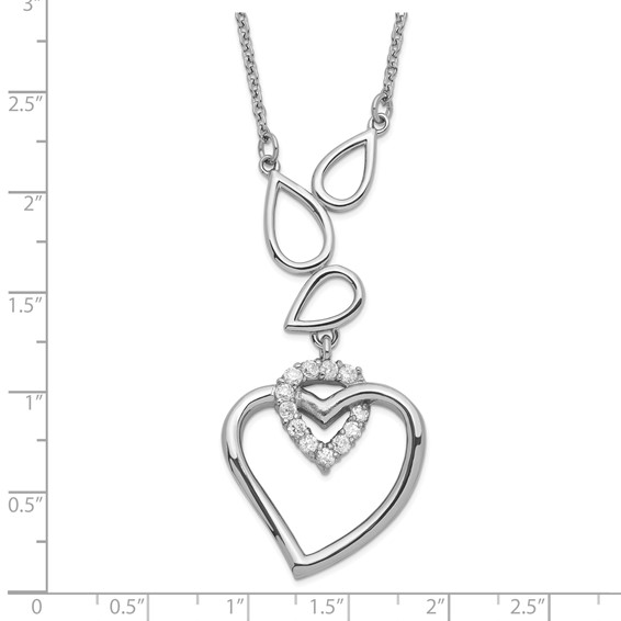 Stainless Steel CZ Teardrops & Heart w/ 1in ext Necklace