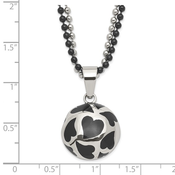 Stainless Steel Black Enamel Hearts 24in Necklace