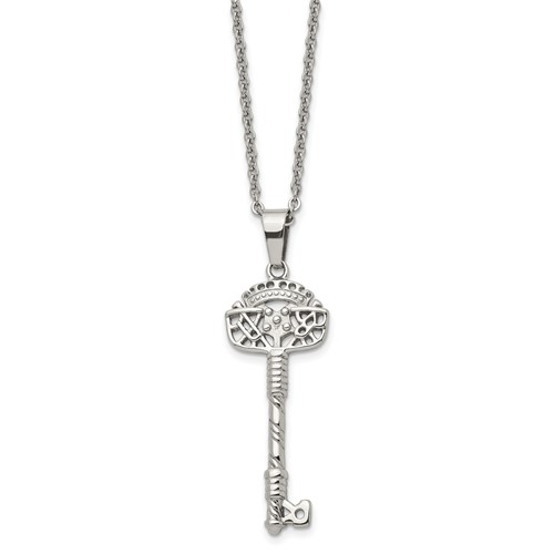Chisel Stainless Steel Polished and Textured Key Pendant on a Cable Chain Necklace, 22"