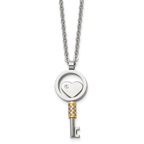 Chisel Stainless Steel Polished Yellow IP-plated Necklace with CZ Heart Key Pendant on a Cable Chain, 22"