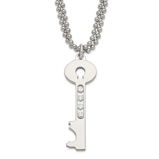 Stainless Steel Polished Key w/ CZ Double Chain Necklace