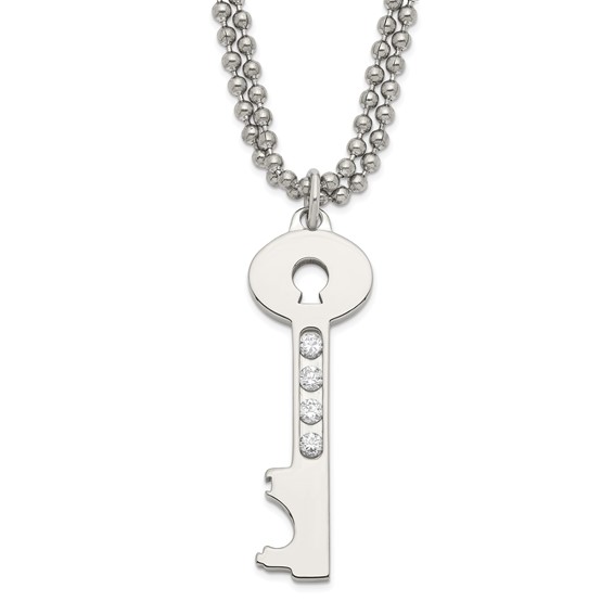 Stainless Steel Polished Key w/ CZ Double Chain Necklace