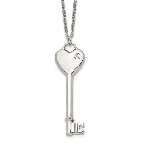 Chisel Stainless Steel Polished Necklace with CZ Heart Key Pendant on a Cable Chain, 20"