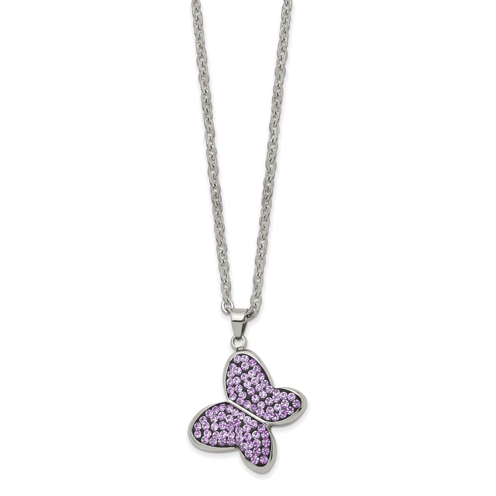 Stainless Steel Polished Purple Crystal Butterfly 22in Necklace