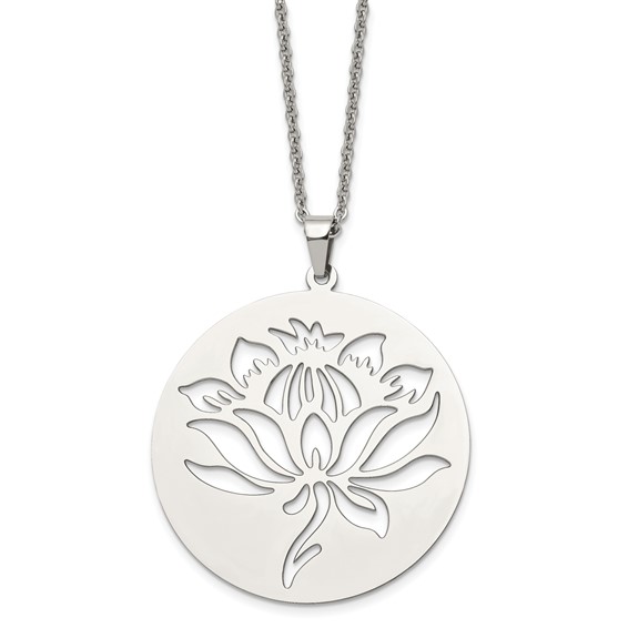 Chisel Stainless Steel Polished Flower Cut-out Circle Pendant on a 22 inch Cable Chain Necklace