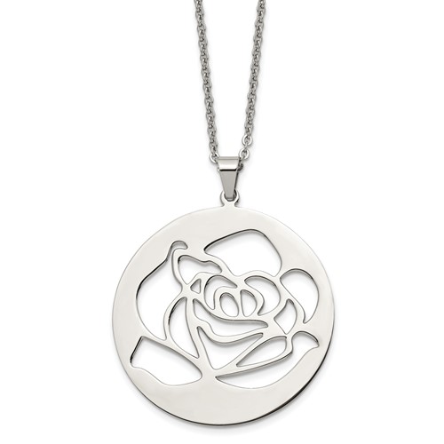 Stainless Steel Polished Rose Cut-out Necklace, 22"