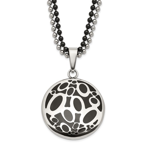 Stainless Steel Black Rubber Fancy Circles 22in Necklace