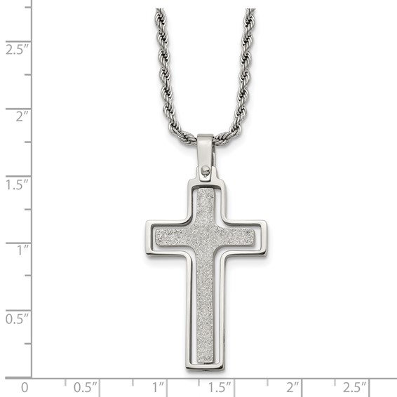 Chisel Stainless Steel Polished and Laser Cut Moveable Cross Pendant on a 22 inch Rope Chain Necklace