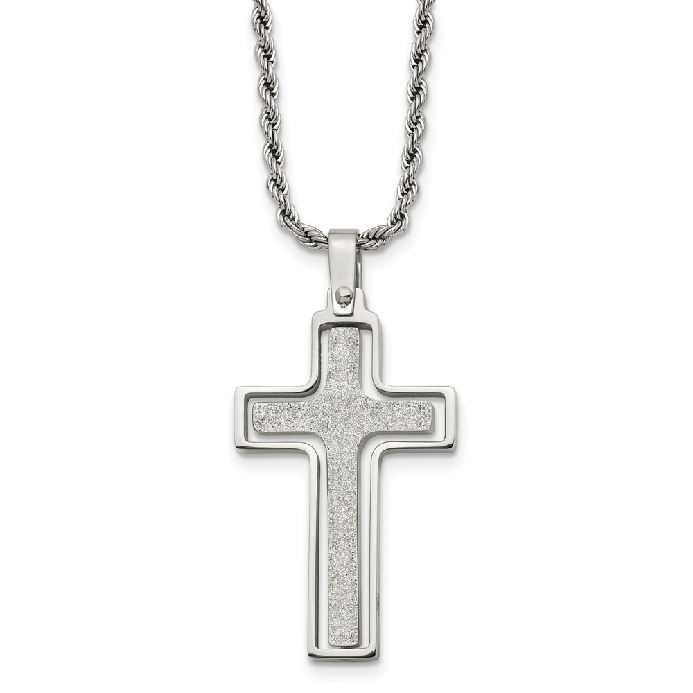 Stainless Steel Polished & Laser Cut Cross 22in Necklace