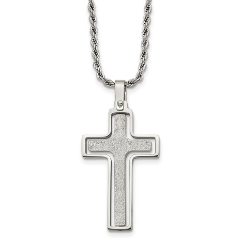 Chisel Stainless Steel Polished and Laser Cut Moveable Cross Pendant on a Rope Chain Necklace, 22"
