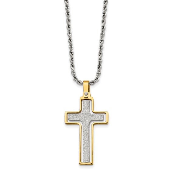 Chisel Stainless Steel Polished Laser Cut Center Yellow IP-plated Moveable Cross Pendant on 22 inch Rope Chain Necklace