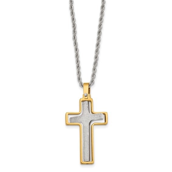 Chisel Stainless Steel Polished Laser Cut Center Yellow IP-plated Moveable Cross Pendant on 22 inch Rope Chain Necklace