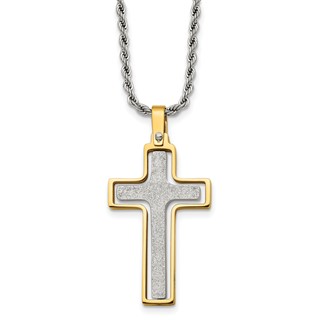 Chisel Stainless Steel Polished Laser Cut Center Yellow IP-plated Moveable Cross Pendant on 22 inch Rope Chain Necklace