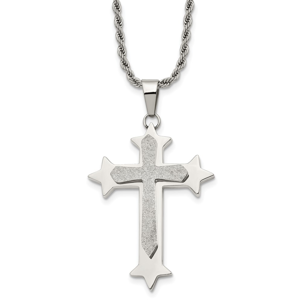 Stainless Steel Polished & Laser Cut Cross 24in Necklace