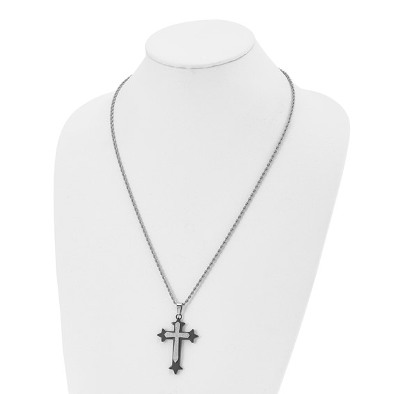 Stainless Steel Polished Black IP-plated Laser cut Cross 24in  Necklace