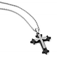 Stainless Steel Polished Black IP-plated Laser Cut Cross Necklace, 24" view 5