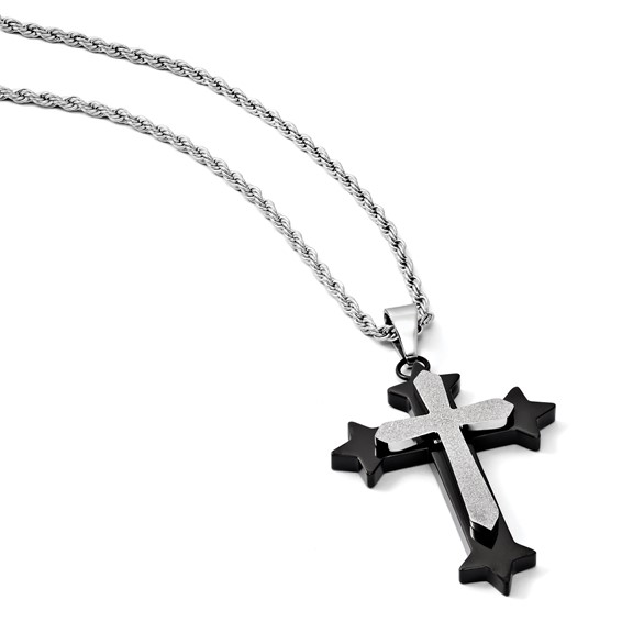 Stainless Steel Polished Black IP-plated Laser cut Cross 24in  Necklace