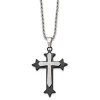 Stainless Steel Polished Black IP-plated Laser Cut Cross Necklace, 24" view 1