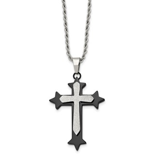 Stainless Steel Polished Black IP-plated Laser cut Cross 24in  Necklace