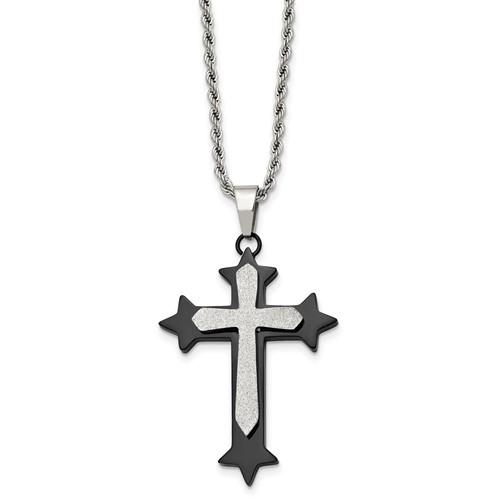 Stainless Steel Polished Black IP-plated Laser Cut Cross Necklace, 24"